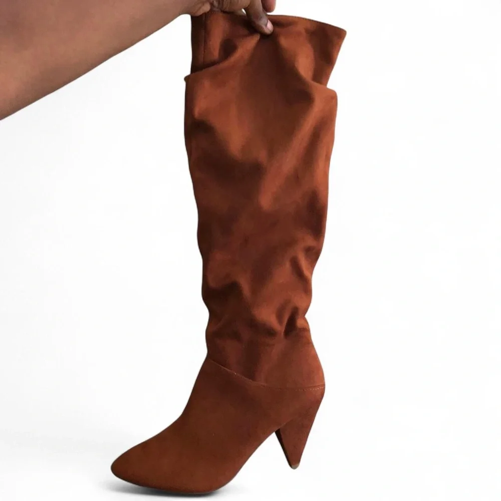 LIKE NEW Express brown faux suede knee high boho slouchy ruched cone heels boots